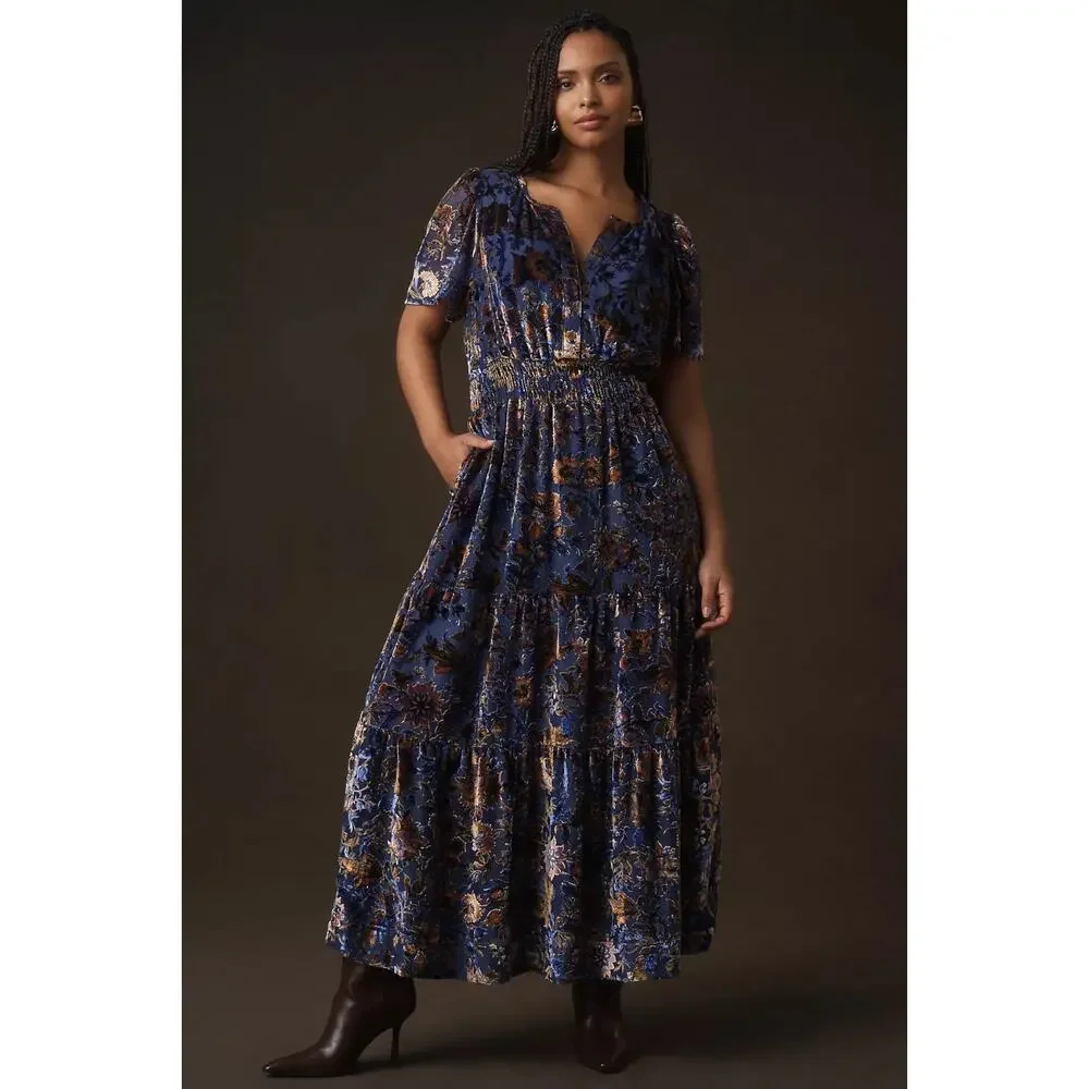 Anthropologie The Somerset Maxi Dress Velvet Devore Bohemian Witchy Medium MP